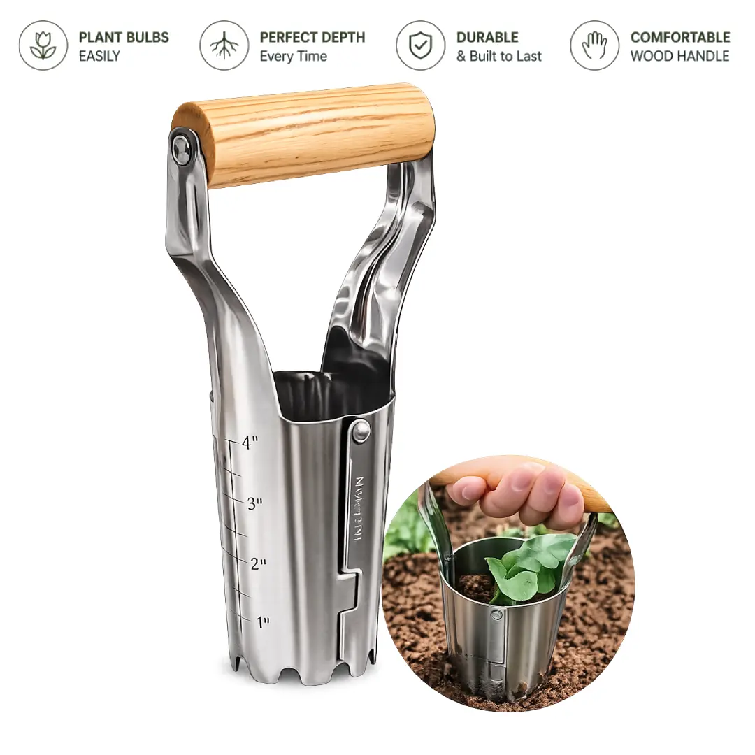 Stainless Steel Bulb Planter Hand Tool with Comfortable Ergonomic Wood Handle | Heavy Duty Garden Hand Shovel Digger & Transplanter for Planting Flower Bulbs, Tulips, Daffodils | Non-Bending Manual Soil Core Release Tool with 4 Inch Depth Mark