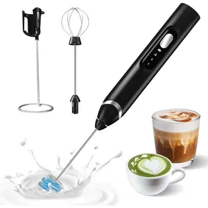 Handheld Electric Milk Frother: Rechargeable Frother Wand with Stand, 3 Speeds & Detachable Double Whisk Drink Mixer, Froth Stirrer for Latte, Cappuccino, Cream, Matcha, Dalgona Coffee - Black