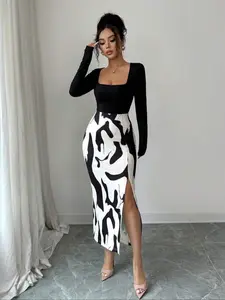 Elegant Patchwork Square Neck Long Sleeve High Slit Dress, Casual Fall & Spring Skirt, Women's Party Gown, Wedding Guest Dress