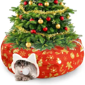 Christmas Cat Tunnel Bed Under 2.62 ft Christmas Tree Skirt with Ball for Indoor Cat Xmas Red Pet Donut Tunnel with Washable Circle Cushion Foldable Gift for Kitten Puppy Rabbit(Snowflake)