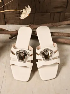 Silver Color Square Toe Sandals Women Summer Outdoor Wear, Luxurious Rhinestone Metal Buckle Slip-On Flats, Casual Home & Outdoors Shoes