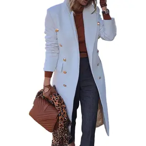 FMEYOA Women's Elegant Notched Collar Double Button Slim Long Wool Blend Pea Coat Jacket