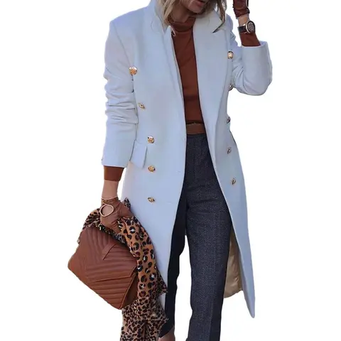 FMEYOA Women's Elegant Notched Collar Double Button Slim Long Wool Blend Pea Coat Jacket