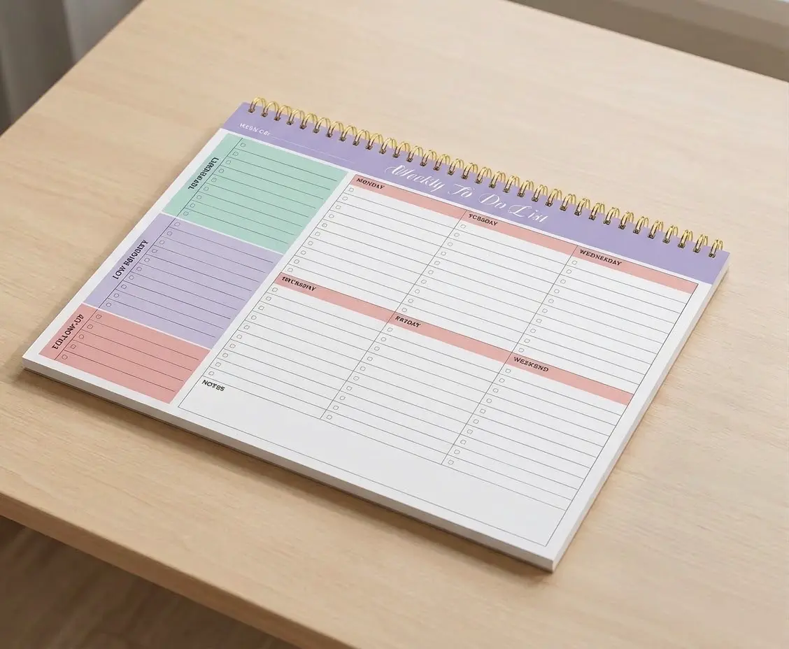 Weekly to-do list notebook, lists, items, follow-up plans, no dates, 52-week planner, 8.5 inches x 11 inches.