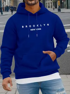Brooklyn New York Classic Letter Print Hoodie, Men's Drawstring Pullover Casual Streetwear Sweatshirt with Kangaroo Pocket, Casual Long Sleeve Top for Outdoor Activities