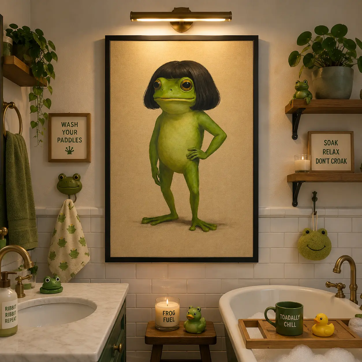 Whimsical Frog Portrait Canvas Poster - Funny Abstract Minimalist Green Art Print with Bob Haircut, Quirky Wall Decor for Kids Playroom, Unique Gift for Frog Lovers, Opossum Humor Themed Home Decor