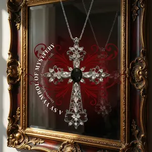 Vintage Gothic Black Stone Cross Necklace & Car Rearview Mirror Charm, Silver Chain Crystal Rhinestone Cross Pendant, Y2K Aesthetic Religious Jewelry, Faith Blessing Gift for Men Women, Sierra Gates Style Necklace Witch Hunt dad necklace camera boyfriend