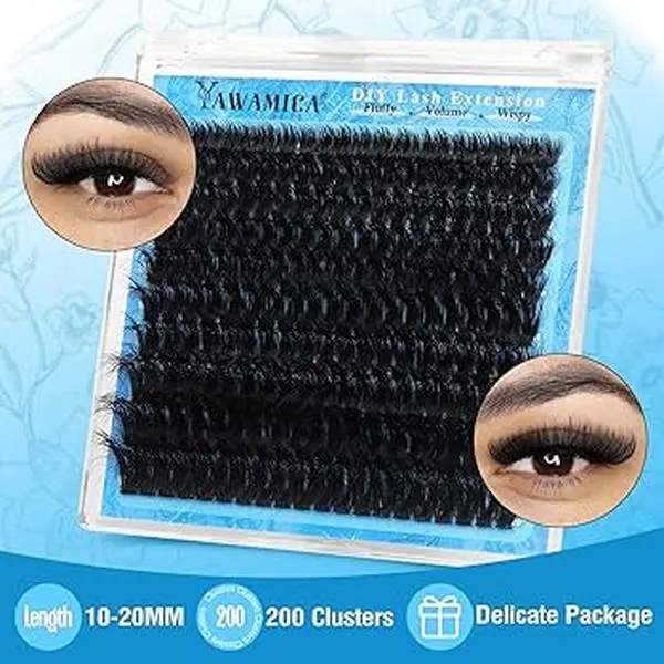 YAWAMICA Fluffy Lash Extension Kit 12-20mm 200D Volume Clusters with 5-6mm Bottom Lashes Waterproof Bond & Seal Tweezers for Salon-Quality DIY Extensions Lightweight Makeup Long Lasting Cosmetic Foundation