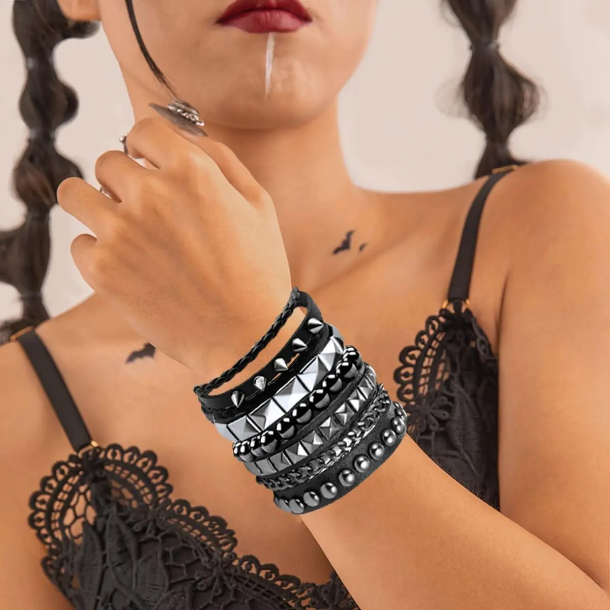 4 Pcs Punk Rock Leather Studded Bracelets for Men Women 80s 