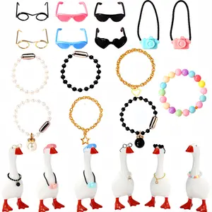 7in Desk Goose Outfits 15pcs , Mini Porch Goose Accessories with Sunglasses Camera Pendant Necklaces Collar Heart Star Gold Chain Fun Clothes Costume Set for Magnetic Table Geese Statue Decor