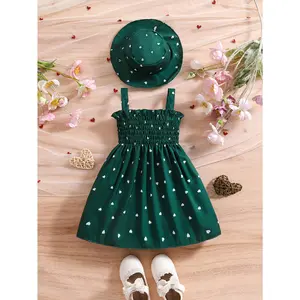 (New)New Summer Two-Piece Set for Girls Aged 0-3 Heart-Patterned Sleeveless Dress with Matching Hat DJ1324368 Casual Polyester Outfit