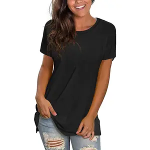Women's Round Neck Shortsleeve Loose Fit Minimalist Basic Tshirt Top - Spandex-Polyester Blend Fabric, Flexible Stretch, Comfortable, Summer Casual Workout Yoga Tunic, Fitness Essential, 00-Black