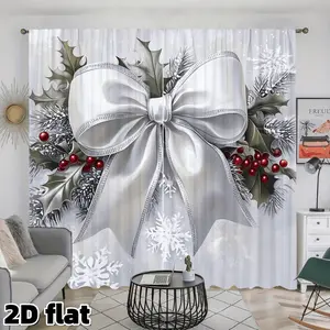 2D Flat 2Pcs Christmas Bow Holly Berry Print Curtains Elegant Silver White Snowflake Pattern Rod Pocket Style Semi Sunshade Polyester Fabric for Living Room Bedroom Kitchen Window, Holiday Gift Treatment Anti Privacy Interior Decoration Accessories