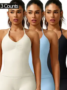 Women's Solid Color Ruched Halter Neck Sports Vest, Breathable Comfortable Backless Tank Top for Gym Workout, Ladies Sportswear for Indoor Outdoor Wear