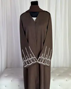 Marwa Linen Open  Abaya (brown and beige)