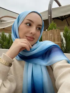 Women's Blue Gradient Chiffon Headscarf, Hijabs, Casual Fashion Scarf, Perfect for Beach, Daily Wear, Stylish Wrap