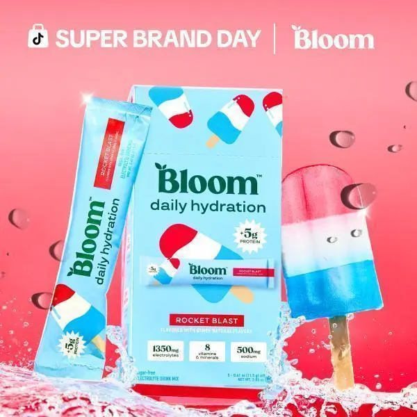 Bloom Daily Hydration Electrolyte Powder Packets with Collagen, 5g Protein, Electrolytes, Vitamins & Minerals, Sugar Free Drink Mix, Rocket Blast, 5 Count