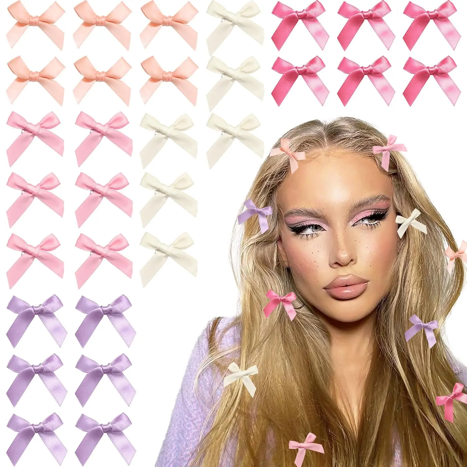 30 count Mini Bow Hair Clips 5 Colors Cute Hair Bows Clip Kawaii Hair Ribbon Clips Satin Beige Purple Pink Bow Hair Accessories for Girls Women