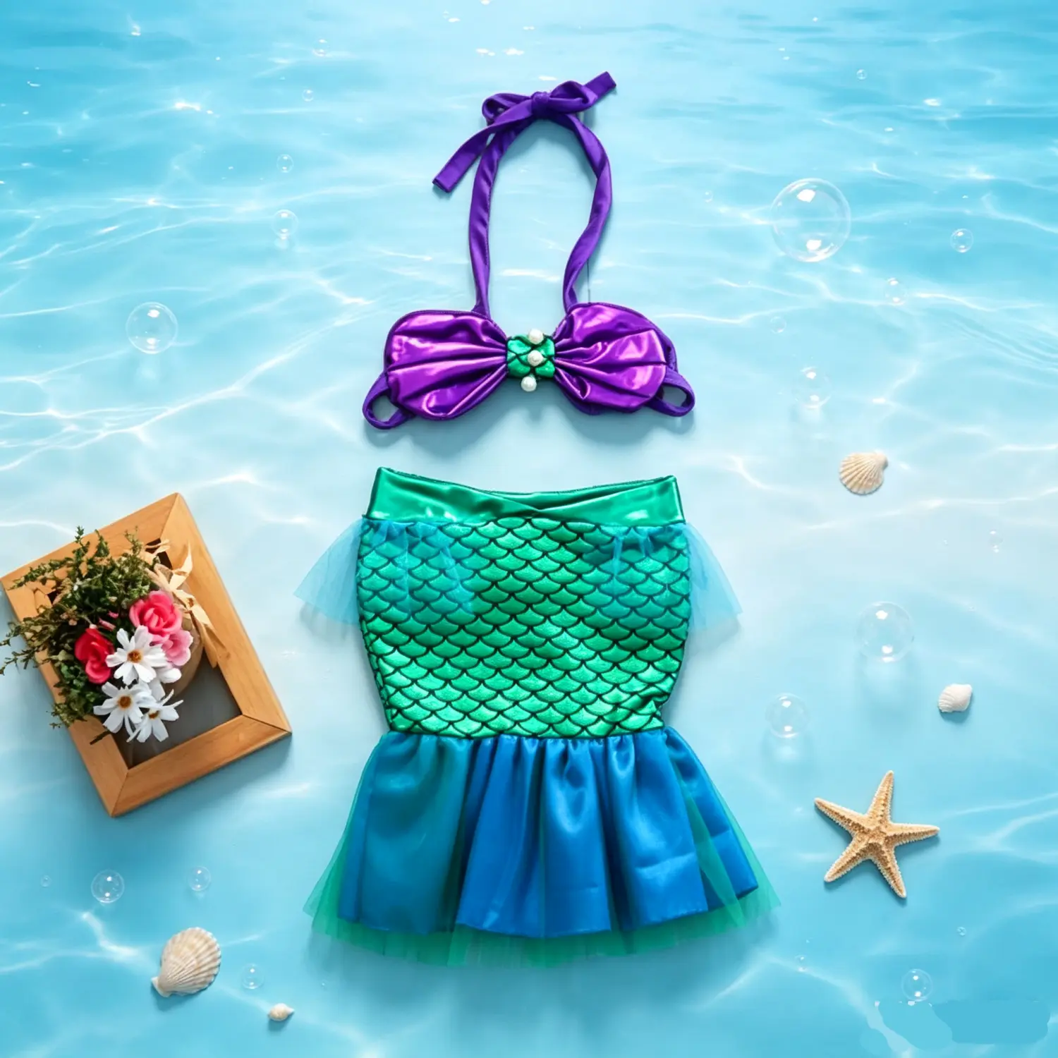 Baby Girls 2-Piece Mermaid Swimsuit Set, 0-6m Hanging Neck Shell Pearl Halter Bikini Top with Bow, Tulle Patchwork Princess Bottom, Cotton-Elastane Strapless-Ready Swimwear Bathing Suit