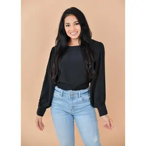 Black Button Side Bubble Sleeve Blouse