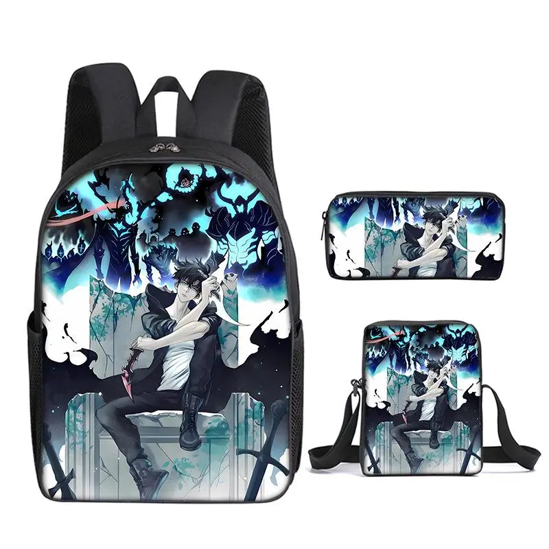 Cool Cyan Dark Fantasy Manga Male Figure 3-in-1 Laptop Backpack Set Crossbody Sling Bag Zipper Stationery Pouch Travel School Bag