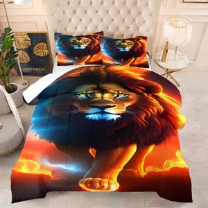 2/3 Pcs Flame Lightning Lion Quilt Set, Includes Warm Soft Comforter & 1/2 Empty Pillowcases, Cloud-fluffy Skin-friendly All-season, Fits Tough Motorcycle Homestay/Motorcycle Modification Lover Apartment/Flame Lightning Lion Wild Trend Set