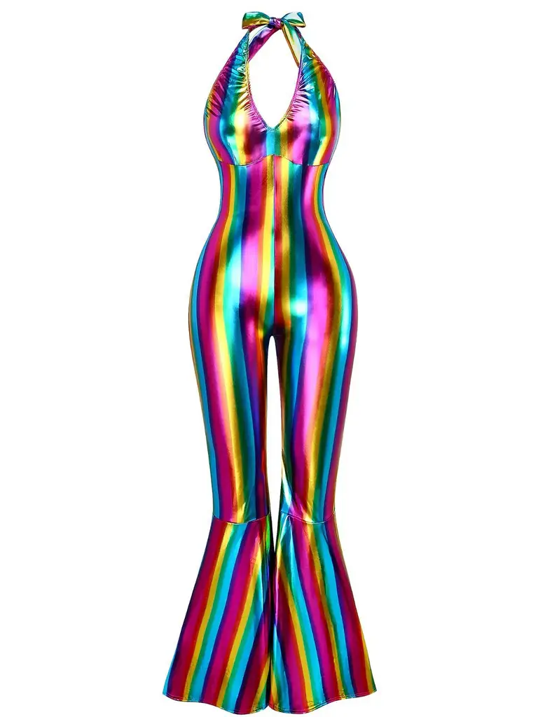 RETRO STAGE Women's 1970s Polyester Disco Overalls - Sleeveless Halter Neck, Rainbow Stripe Colorblock, Flared Bottoms Jumpsuit with Zip, Do Not Bleach, Wash with Like Colors