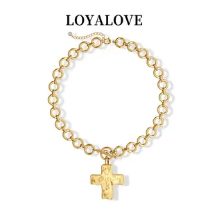 Loyalove Greenish Spring Gold Chunky Cross Necklace for Women Statement Cross Pendant Necklace Layered Hammered Bold Cross Necklace Vintage Toggle Clasp Necklace BlackFriday Jewelry