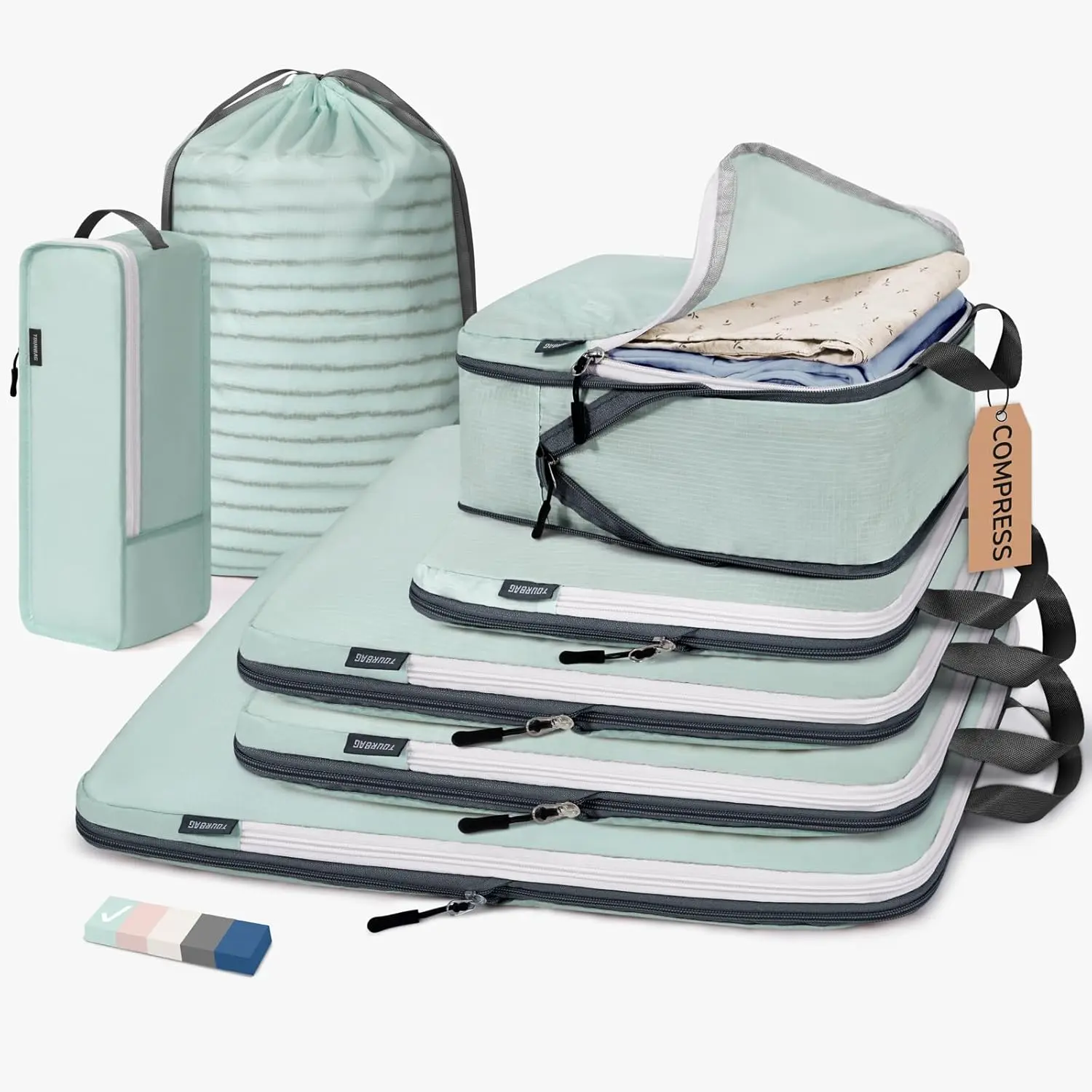 Compression Packing Cubes, 7 Set Packing Cubes for Travel, Travel Essentials for Suitcase, Luggage Organizer Bags for Travel with Shoe Bag, Grey Blue