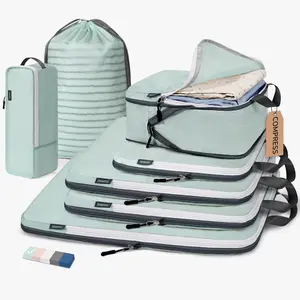 Compression Packing Cubes, 7 Set Packing Cubes for Travel, Travel Essentials for Suitcase, Luggage Organizer Bags for Travel with Shoe Bag, Grey Blue