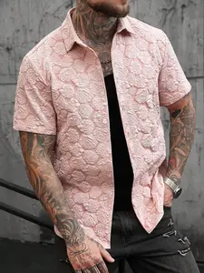 Men’s shirts - Men Pink Floral Jacquard Button Down Shirt Short Sleeve Casual Outfit vacation clothes summer men clothes summer outfits men's clothing male clothing clothes for men summer mens clothing spring and summer clothes male clothes Menswear Top
