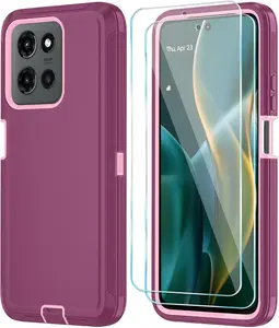 Moto G 5G 2025/Moto G Play 5G 2025 Case with HD Screen Protector, Heavy Duty Shockproof & Dropproof 3-Layer Cover Phone Case,WineRedPink Cellphone Durable