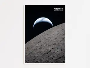 NASA Artemis II Earth "Set" Over Moon Horizon Space Photo Print ~ Orion Capsule View Poster (Crescent Earth) ~ NASA Space Photography Art