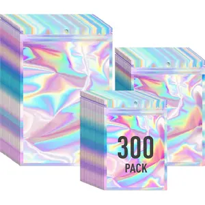 300 Pack 3 Size Resealable Mylar Holographic Bags with Clear Front Window, Packaging Bags Smell Proof Bag Freshie Bag for Jewelry, Sample, Food(Holographic,3x4.7in,4x6in,4.7x7.9in)