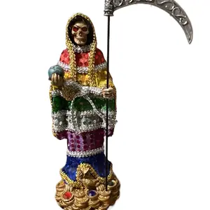 Santa Muerte 7 Poderes 12'1/2 inch Tall Colorful Figure with Grim Reaper Symbol and Decorative Elements