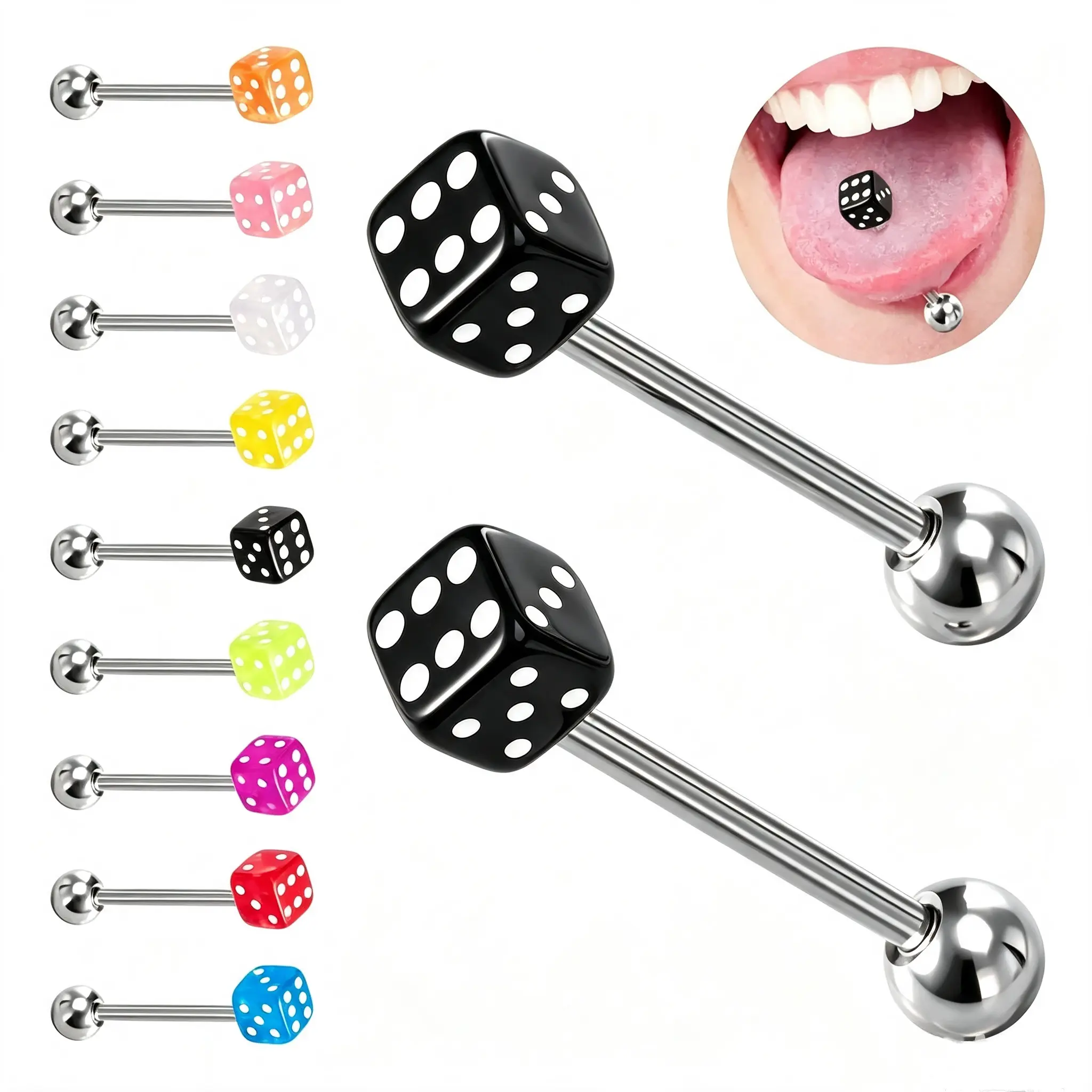9PCS Surgical Steel Colorful Dice Tongue Rings Set Tongue Piering Jewelry