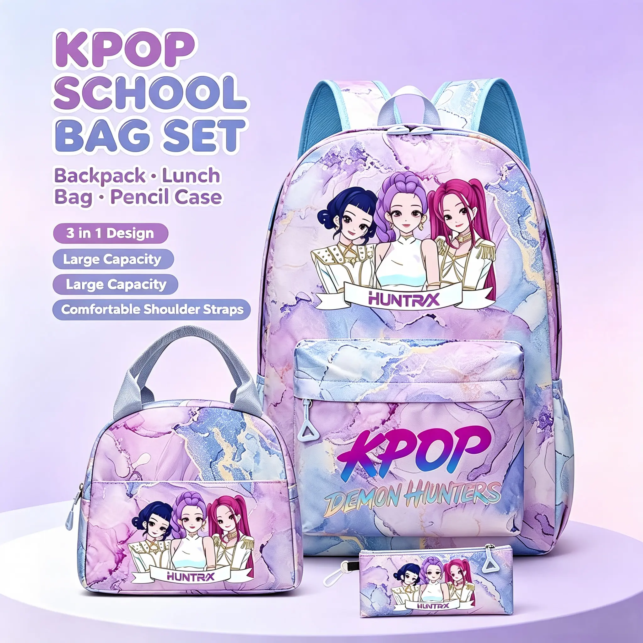 New colorful women's backpack and lunch bag set. Featuring a stylish tie-dye pattern and zipper design, this versatile 3-piece set is perfect for daily school use, campus life, and travel.