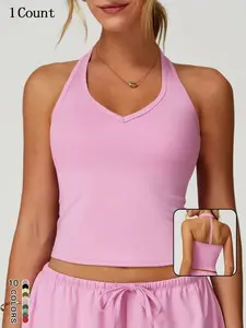 Women's Solid Backless Racer Back Tank Top, Casual V Neck Sleeveless Top,  Ladies Sportswear for Tennis Yoga Gym Running, Workout Clothes, Ladies Clothes for Daily Wear, Yoga Tops, Fitness Sport Top