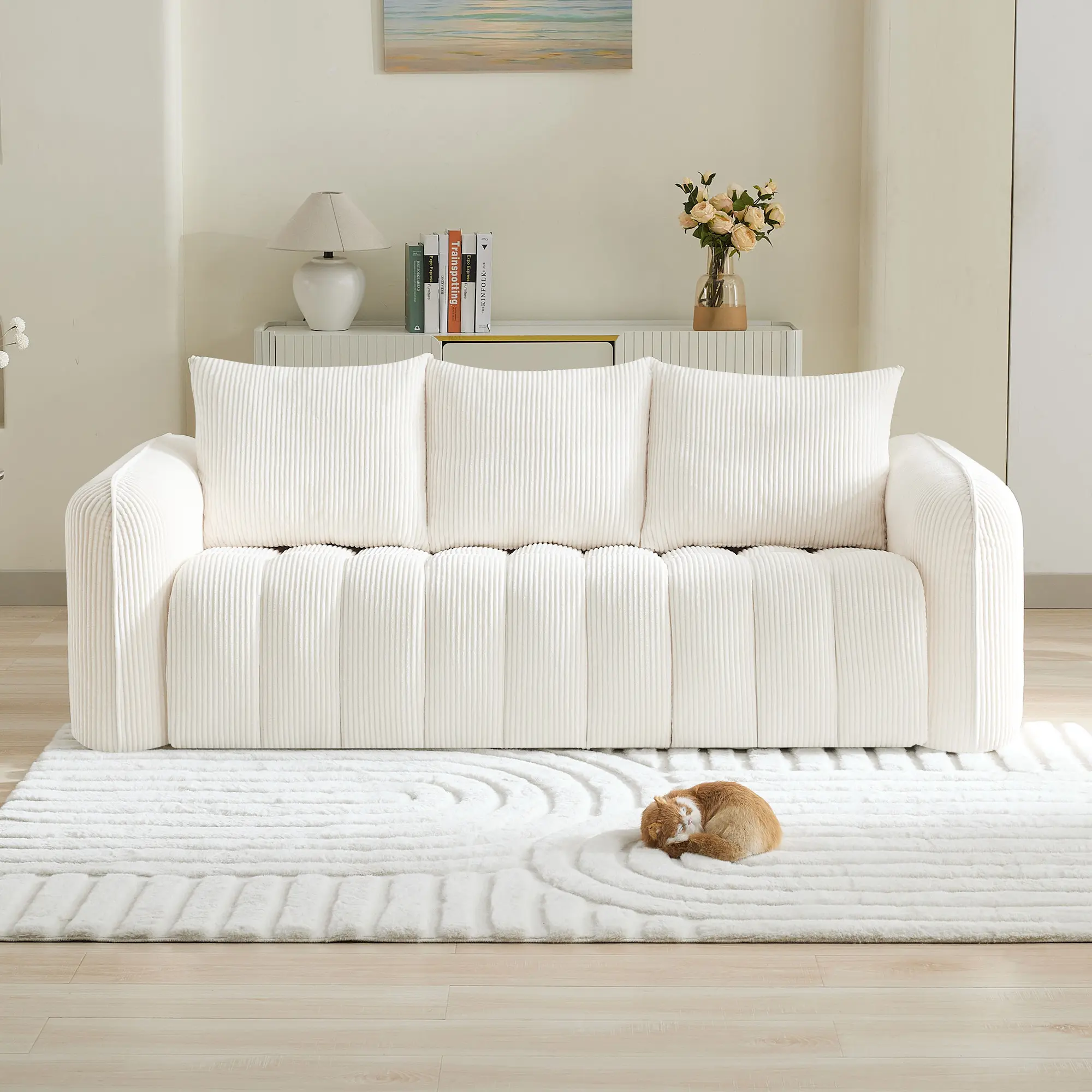 Beige 83in Sturdy Fixed 3-Seater Boneless Corduroy Cloud Soft Sofa, Oversized Deep Seat Modern Furniture with Rounded Armrest, Pre-Assembled for Living Room, Home Office