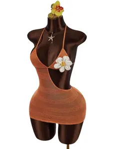 Orange Crochet Floral Mini Dress for Women | Pool Party Outfit | Beach Dress