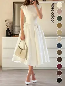 Women's Casual Fashion Dress Spring Summer New Pure Color Elegant Vintage Long Puffy Dress, French Waist Cinched Dress for Wedding Date Outing