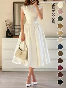 Women's Casual Fashion Dress Spring Summer New Pure Color Elegant Vintage Long Puffy Dress, French Waist Cinched Dress for Wedding Date Outing