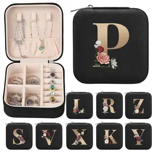 Floral Initial Jewelry Holder Organizer Box, Compact Travel Case for Rings, Necklaces, Earrings, Soft Velvet Lining, Durable Zipper, Lightweight & Portable
