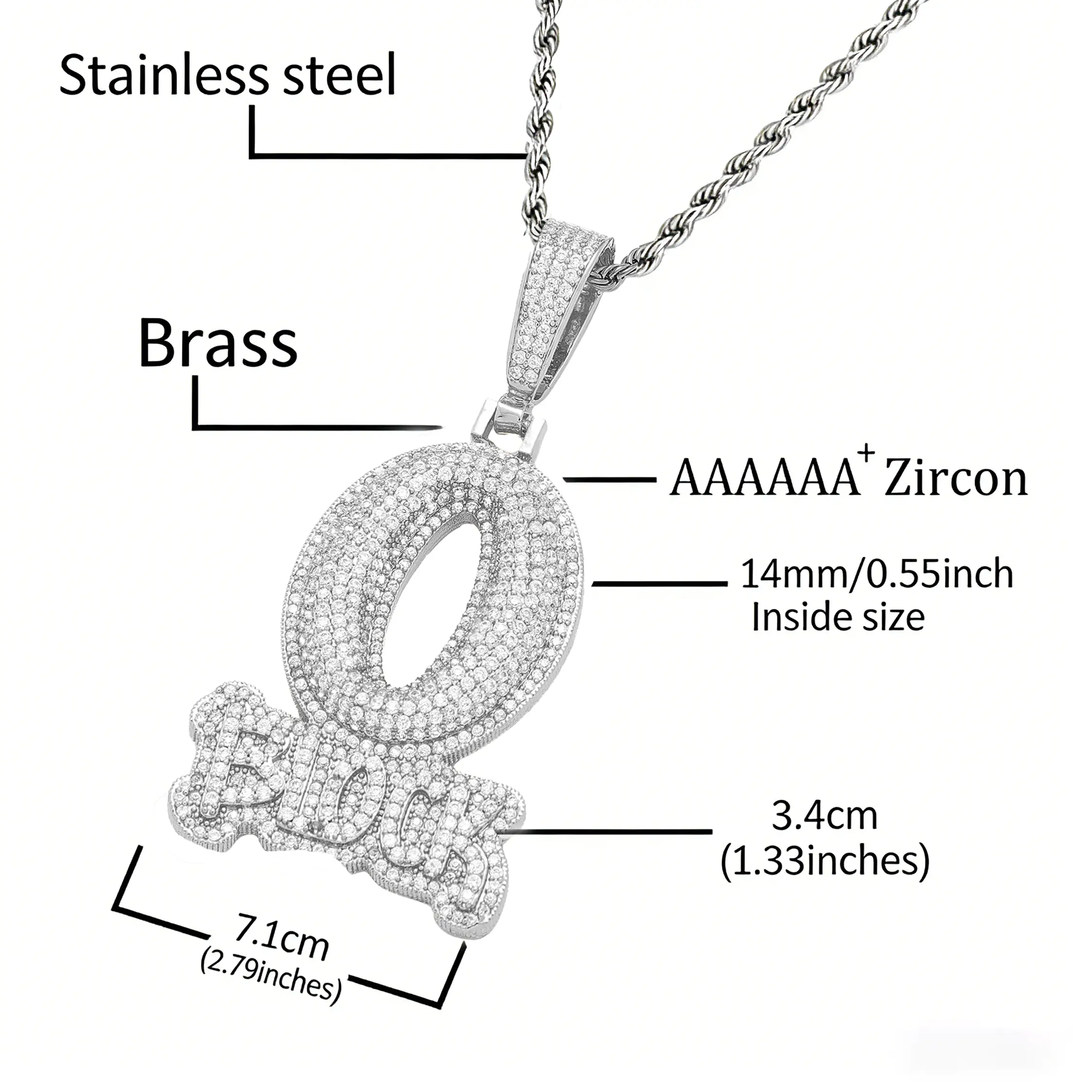 O Block Hip Hop Pendant Necklace, 22/24 Inch Stainless Steel Chain with Diamond Zircon Inlaid Letter Charm, Gold Plated Trendy Jewelry for Men & Women (Silver)