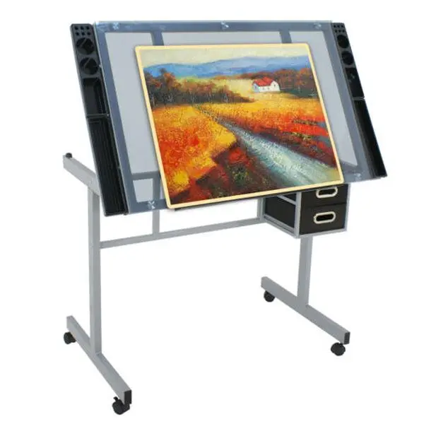 JupiterForce Height-Adjustable Glass Office Computer Desk - Tempered Glass Top (35.43"x23.62"x0.2"), Rounded Corners, Steel Frame, Roller Casters, 41.25"(l)x24"(w)x31.25"(h), 88 lbs, Assembly Required, Commercial Furniture for Art Projects