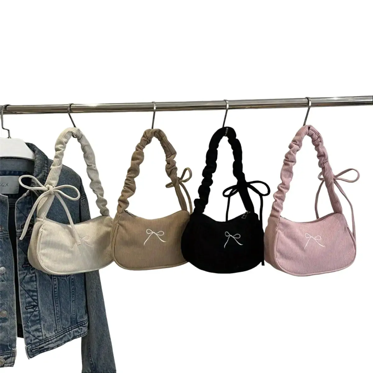 Preppy Corduroy Underarm Bag for Women - Plain Modest Design with Bow Embroidery, Adjustable Strap and Zipper Close for Casual Wear, Shoulder Bag, Purse Shoulder Bag