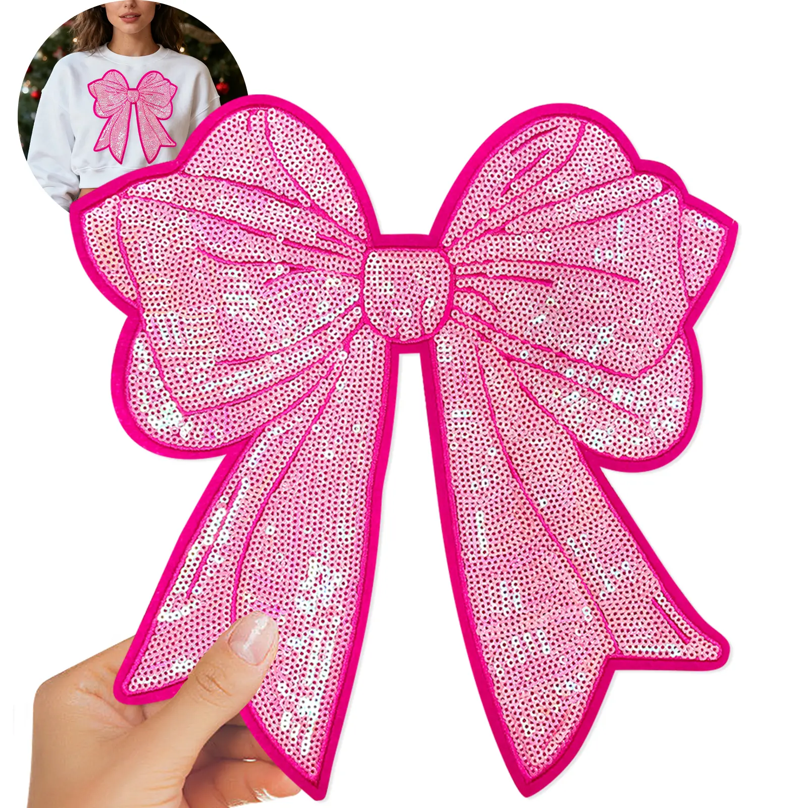 CY Large Sequin Kawaii Pink Bow Embroidered Iron-On Patch - Sew-On DIY Clothing Embellishment, Sewing Accessory for Backpacks, Jackets