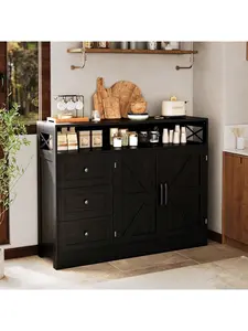 47" Modern Farmhouse Sideboard Buffet Cabinet, Freestanding Wood Cupboard Furniture with 3 Drawers, Open Shelf and Built-In Power Outlet, Large Coffee Bar for Kitchen, Dining Room - White