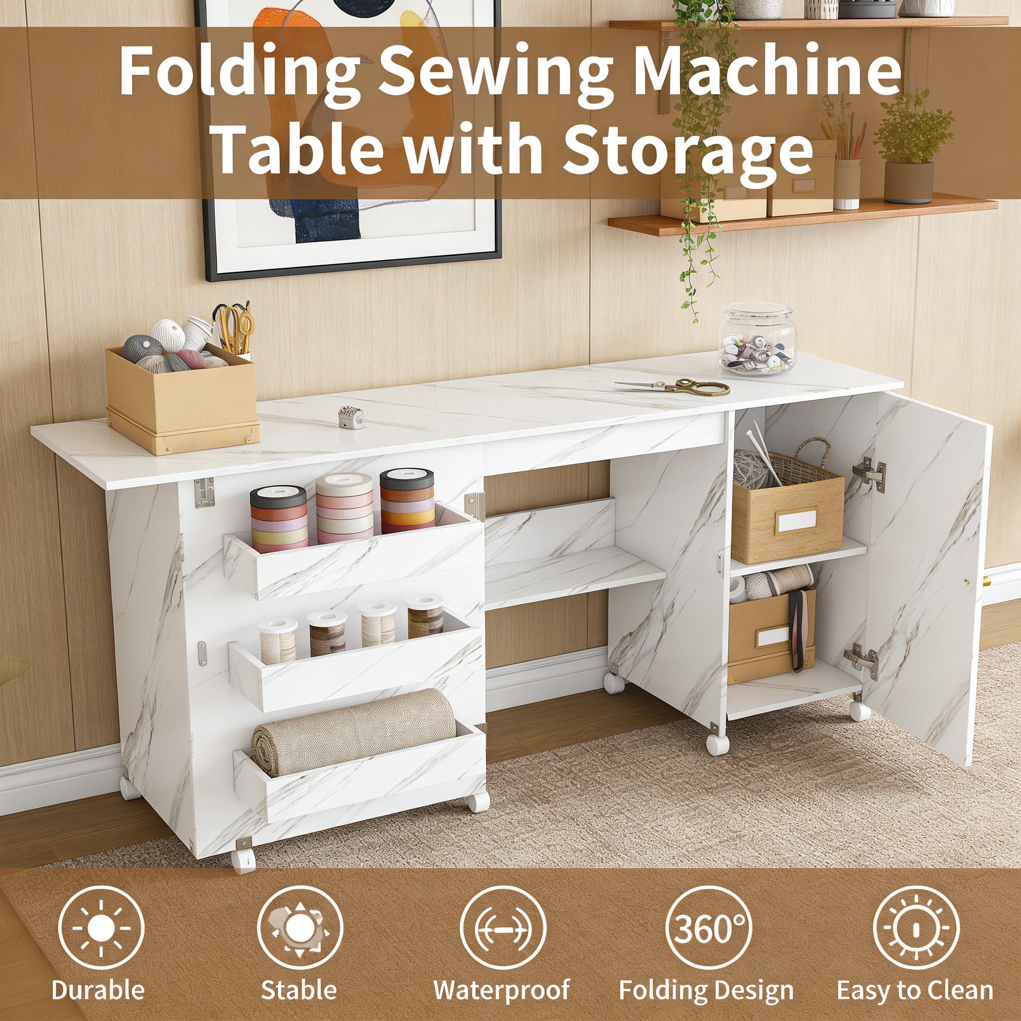 57.5"FoldableSewingMachineTablewithLockingCasters-Multi-StorageCraftStationDeskwithShelvesBinsCabinet,AdjustableSewingCabinetforHomeBedroomCraftRoom,SpaceSavingWhiteDeskforDormApartmentOffice,HobbyTableFurniture
