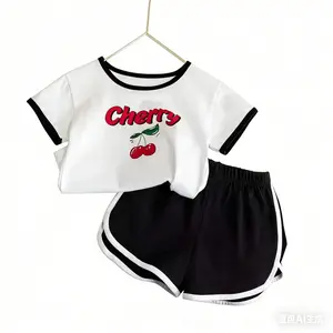 2pcs Girls Casual Cherry Letter Print Round Neck Short Sleeve Top and Simple Multifunctional Shorts Set for Outdoor